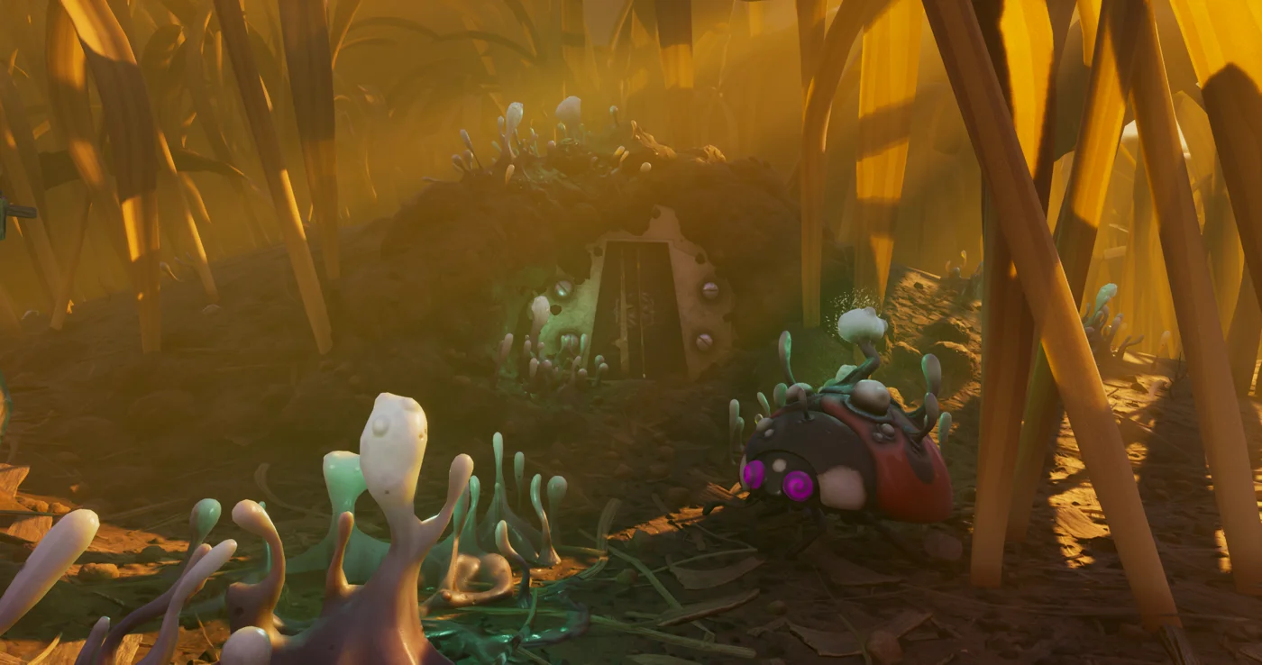 Grounded PC debug console overlay above backyard camp at dusk